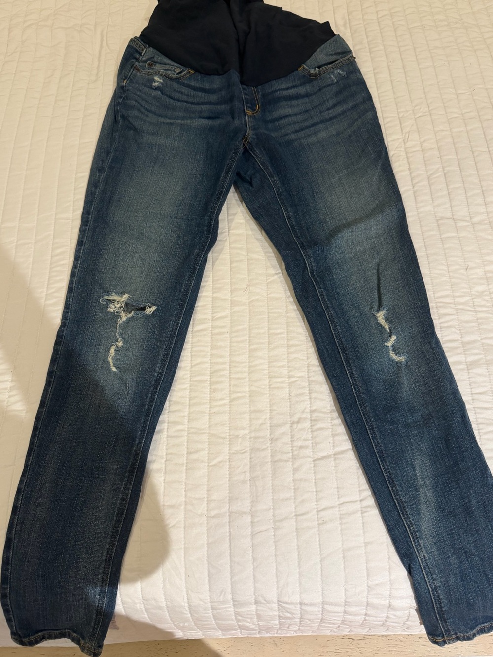 Maternity Dark Blue Distressed Skinny Jeans with Black Waist Panel